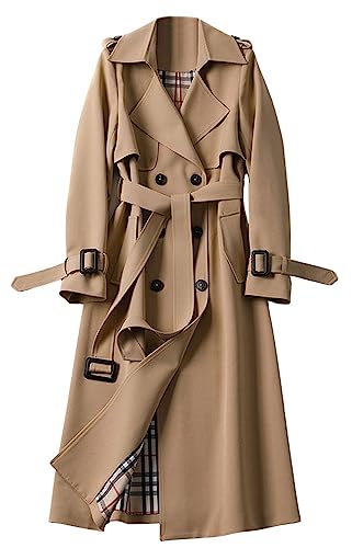CHARTOU Women Double Breasted Mid Long Trench Coat with Belt