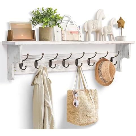 BECHAEO 35.8'' Wood Coat Rack Wall Mount with Shelf, White Wall Coat Rack with Hooks, Farmhouse Rustic Coat Hooks with Shelf for Entryway Bathroom Hallway Kitchen Bedroom Cover