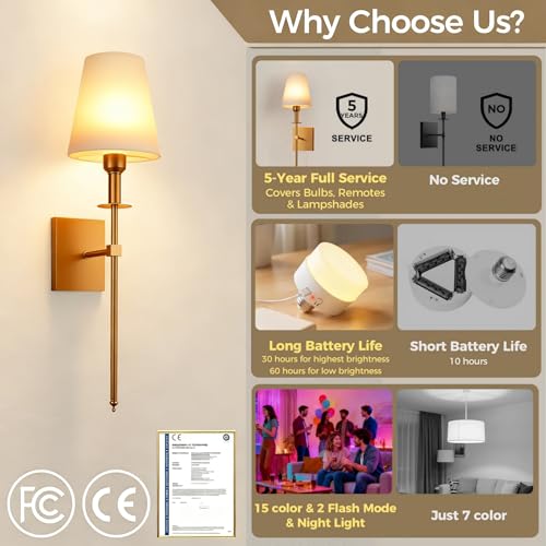 Image of DORESshop Battery Operated Wall Sconce Set of 2, Gold Rechargeable Wall Lights Remote, Sconce Wall Decor Set of 2, 7 Colors Wireless Sconces for Bedroom Living Room Hallway