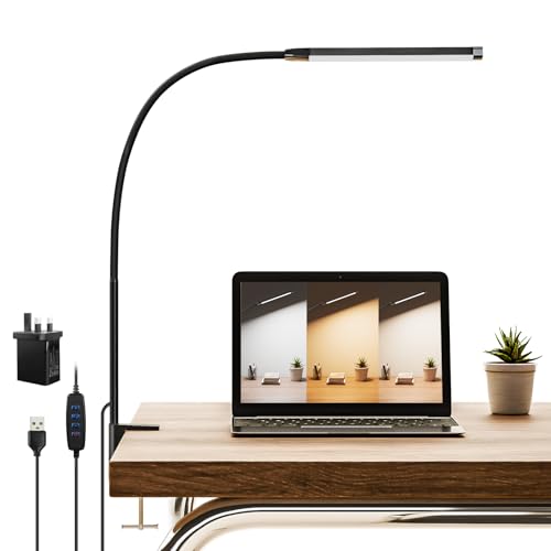 CUHIOY LED Desk Lamp with Clamp, Clip on Light for Office Desk, 68cm Flexible Gooseneck Reading Lamp, 3 Colour Modes & 10 Brightness, Eye-Caring Task Light for Study, Craft, Bedside, UK Plug Included