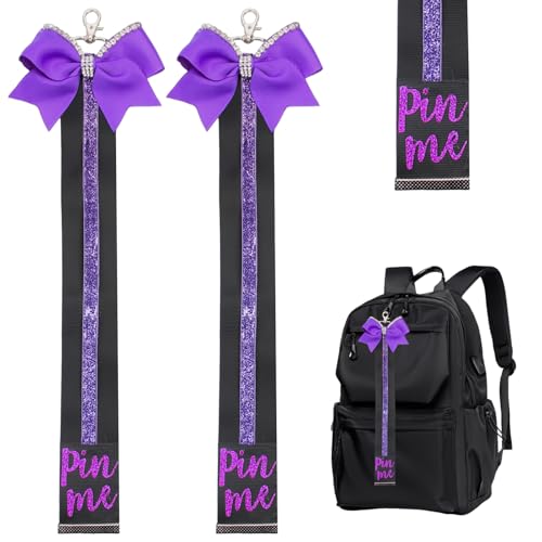 Hapforever 2PCS Cheer Bow Keychain with Rhinestones Cheerleader Gifts Cheer Pin Me Ribbon for Cheer Bag Cheer Pin Strap Pin Me Cheer Ribbon for Backpack (Black/Purple)