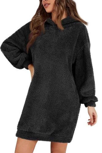 Damen Fuzzy Fleece Hoodie Kleid - Casual Langarm Kapuzen-Sweatshirt-Kleid Weicher Plüsch Sherpa Pullover Warm Winter Casual Flauschig Minikleid für...