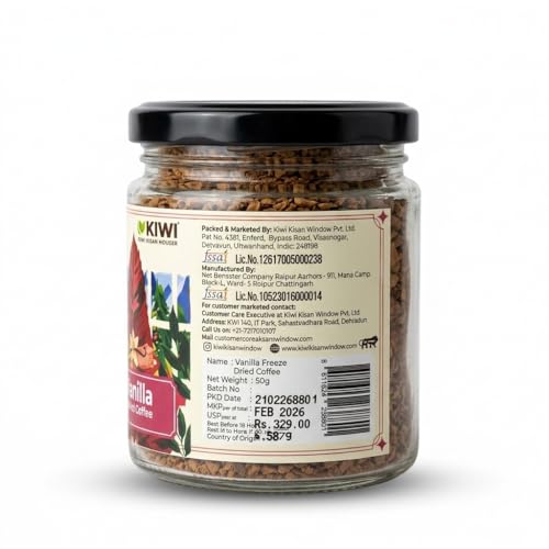 Image of KIWI Kisan Window Vanilla Freeze-Dried Instant Coffee, 50g | 100% Arabica | Sourced from Coorg, Karnataka | Rich Vanilla Flavour & Aroma | Easy Brewing | Premium Instant Coffee
