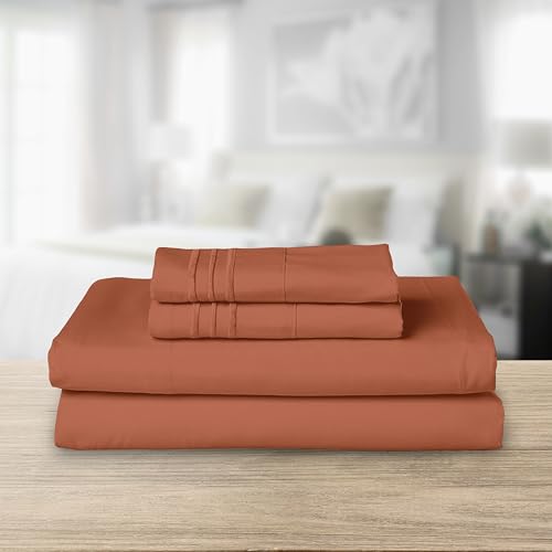 Image of Elegant Comfort Luxurious 1500 Premium Hotel Quality Microfiber Three Line Embroidered Softest 4-Piece Bed Sheet Set, Wrinkle and Fade Resistant, Full, Coral