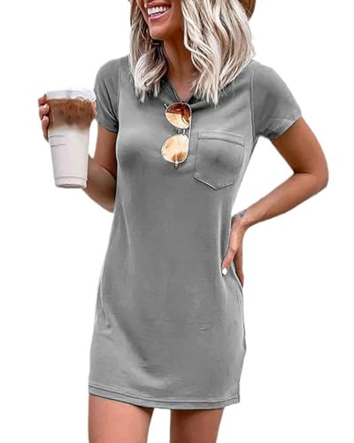 Image of Ladiyo Women T Shirt Dress Summer Fashion Mini Dress Crew Neck Short Sleeve Dress Solid Color Casual Dress with Pocket