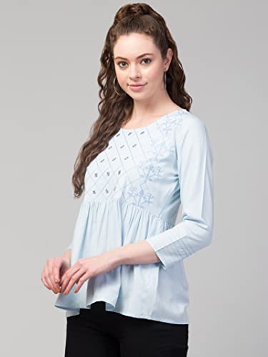 Image of FIMS - Fashion is my style Women Cotton Pleated & Gathered Embroidery Stone Full Sleeves Top Regular Fit Round Neck Tops for Girls
