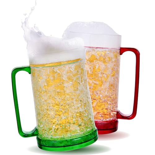 TYQG 16 oz freezer mugs set of 2, Double Wall Gel Insulated Plastic Cup, Acrylic Green/Red beer mug with handles for Tea, Coffee and beer, Best Gifts for Dad Husband Friend or colleagues
