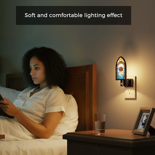Image of L LOHAS LED Night Lights Plug into Wall, Gothic Night Light with Light Sensor, 3000K Soft White, 0-100LM Adjustable Brightness, Acrylic Rose Nightlight for Bathroom Bedroom Hallway, 2 Pack