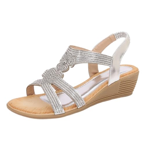 Generico Sandalias de verano cómodas para mujer, sandalias abiertas de moda chanclas T-Strap de verano suaves con diamantes de imitación, cómodos zapatos de playa transpirables para playa y