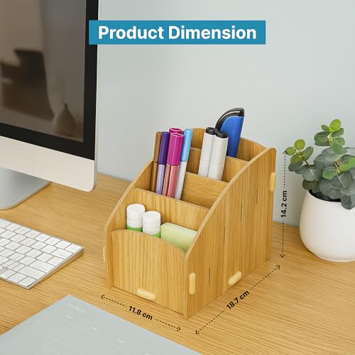 Image of The Better Home 4 Compartment Pen Stand for Office | MDF Wood Rack | Aesthetic Stationery Stand for Office Table Accessories | 11.8x18.7x14.2cm | Burlywood | 1 Pack