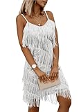 miduo Womens Glitter Sequin Tassel Dress Spaghetti Strap Crew Neck Party Cocktail Sparkly Mini Dress Clubwear Silver M