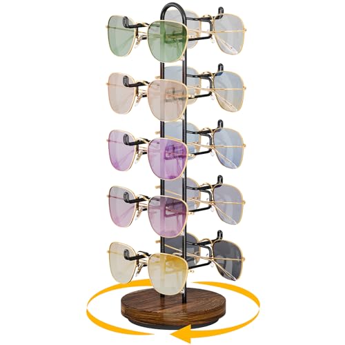 NiHome Rotating Eyeglass Display Rack for Sunglasses & Accessories, Space-Saving Organizer Holds 10 Pairs, Rustic Wooden Base & Industrial Iron Frame for Home & Office Decor, 360° Swivel Easy Access