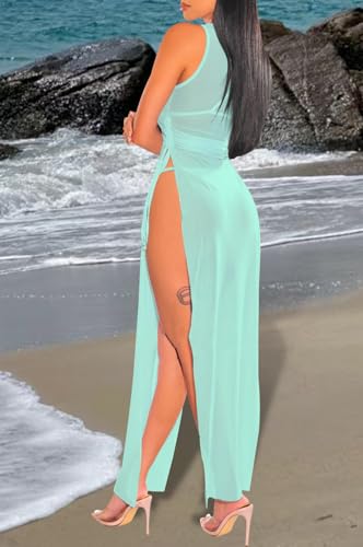 Women's Sexy Sheer Mesh Cover Up Beach Dress High Split Drawstring Swimsuit Bikini Cover Ups - Image 6