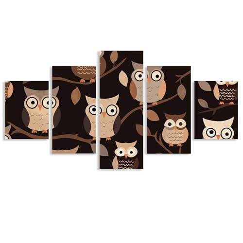Tableau hibou marron en 5 panneaux pour decoration de salon