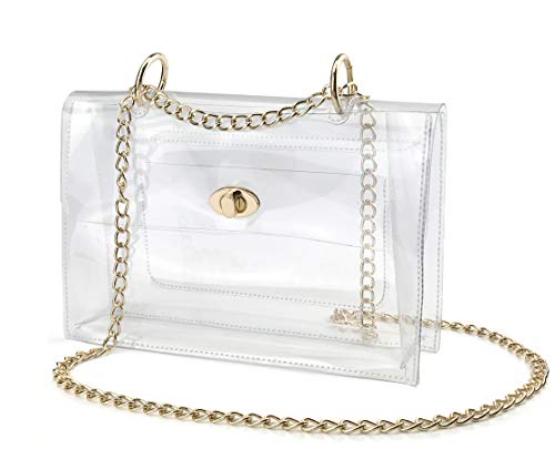 Bolso de hombro de cadena con solapa transparente para mujer, con cierre de giro, minimalista, para estadio aprobado, Clear, Medium Cover