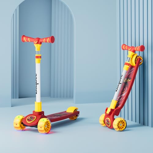 Image of Baybee Kitty Kick Scooter for Kids | Foldable Kid Scooter with 4 Height Adjustable Handle & Brake | Skate Scooters with LED PU Wheels | Runner Scooters for Kids 3 to 10 Years Boys Girls (Pink /Yellow)
