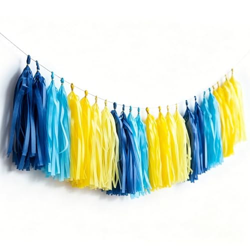 Image of Blue and Yellow Tassel Garland Banner Tissue Paper Tassels for Birthday Party Decorations,Pack of 20