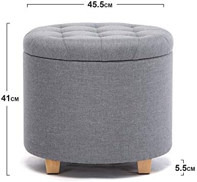 HNNHOME 45cm Round Linen Padded Seat Ottoman Storage Stool Box, Footstool Pouffes Chair with Lids (Pearl River)
