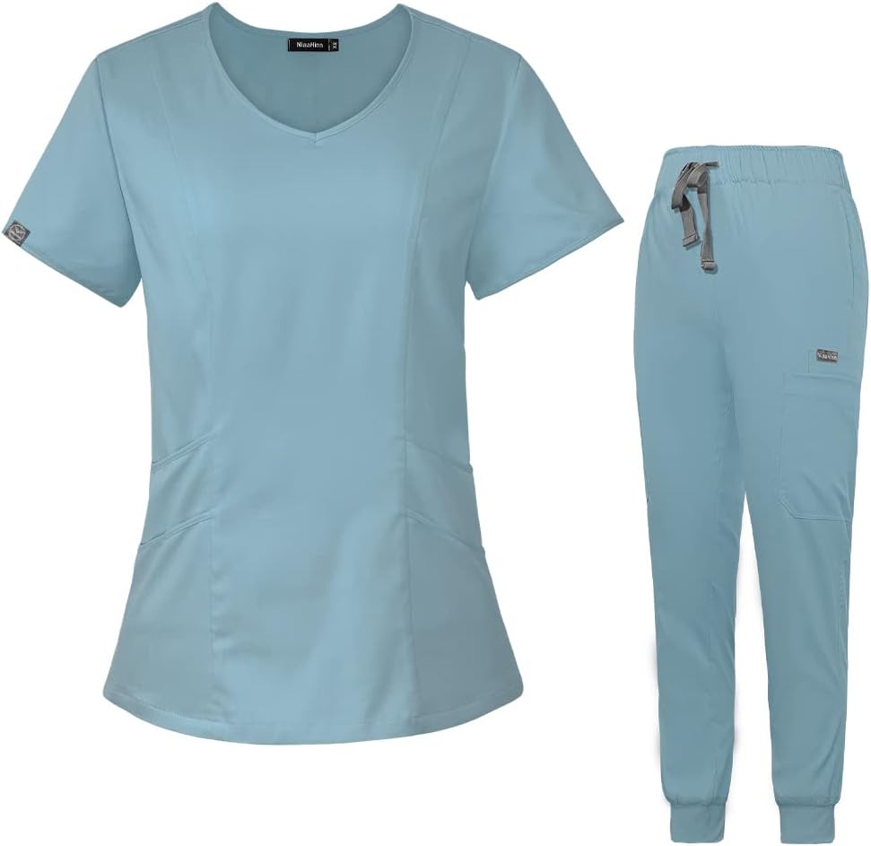niaahinn Scrub Set for Women Solid Colors Nursing Uniforms Classic V-Neck Scrub Top & Jogger Scrub Pants