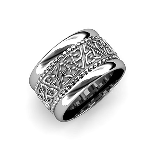 High Polish 11mm Flat Celtic Trinity Knot Unisex Wedding Band 14K White Gold.Size 15.50