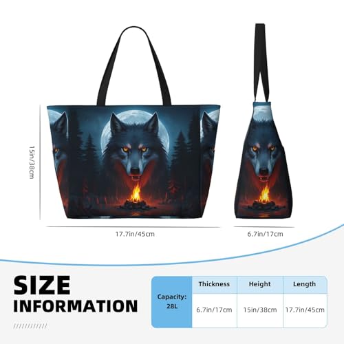 Beach Bag for Women, Waterproof Sandproof Beach Pool Travel Duffel Bags with 7 Pockets, Large Capacity Shoulder Tote Bag for Gym Travel Vacation Essential, Animal Wolf Fire Moon4