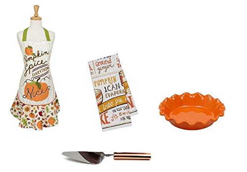 Ayuni Gifts of the World Pumpkin Spice Ruffle Cotton Apron 4 Pc Set (Pumpkin Pecan Pie Recipe, Orang