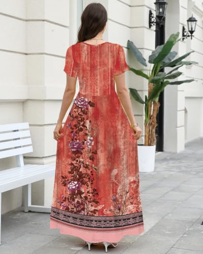 Image of COSSEN Women's Crew Neck Short Sleeve Maxi Dress with Pockets Casual Loose Swing for Wedding Guest Beach Vacation