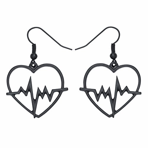 BEICHUANG Heartbeat Hollow Love Heart ECG Drop Earring Doctor Nurse Graduation Gift Valentine's Day Gift(black)
