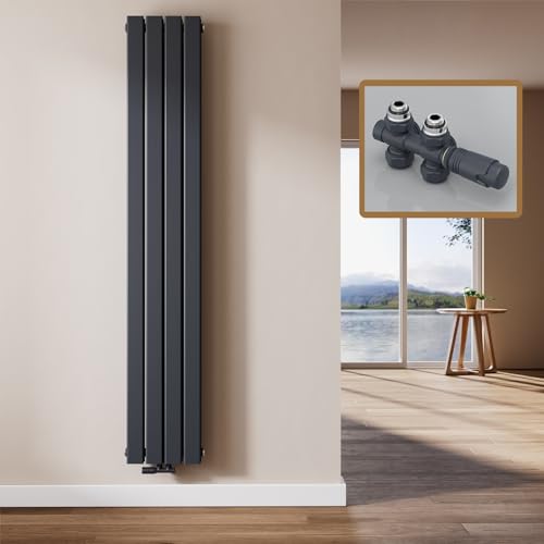 EMKE Radiatore Design Verticale, 180 x 30 cm, Radiatore Piatto da Parete in Acciaio, Doppio Pannello, Attacco Centrale, Antracite, 911W (valvole incluse)