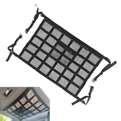 leechio 1 PC Car Ceiling Cargo Net Pocket, Double-layer Mesh Roof Organizer, 31.5"x21.6" Roof Storage Net, Travel/Trip/Camping Essential Accessories, Universal for Most Cars, Trucks, SUVs (Black)