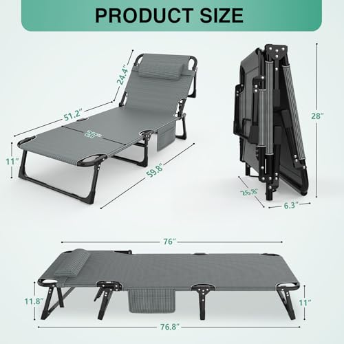 Image of Suteck Folding Camping Cot, Adjustable 5+2 Positions Reclining Portable Outdoor Cot Heavy Duty Sleeping Bed Cots w /Pillow Mat Carry Bag, Chaise Lounge Chair for Home Office Nap Beach Pool Patio Travel