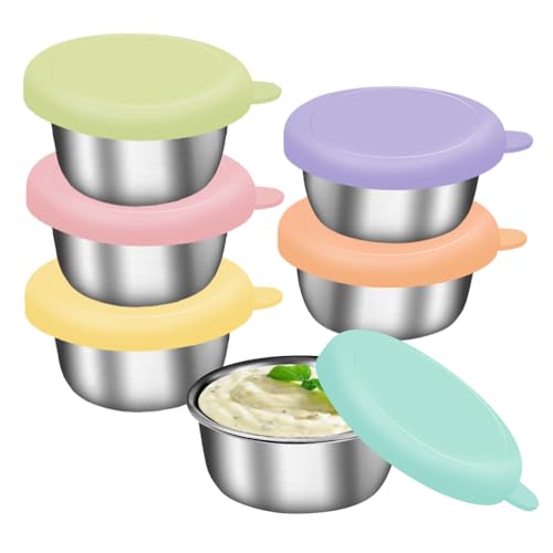 VCRANONR 6 Pcs Salad Dressing Container To Go 50ml Small Stainless Steel Condiment Containers Cups Leakproof Small Food Containers Mini Sauce Pots with Silicone Lids for Dips Snack Ice Cream