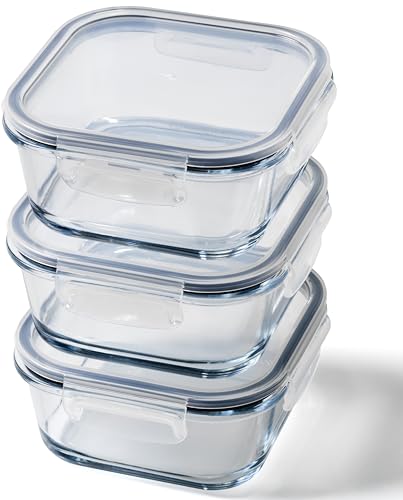 Franklin Lade Glass Food Storage Containers | 3 Piece Square Set 800ml | BPA-Free Airtight LeakProof Lid | Food Containers | Glass Containers with Lids | Oven, Freezer & Dishwasher Safe