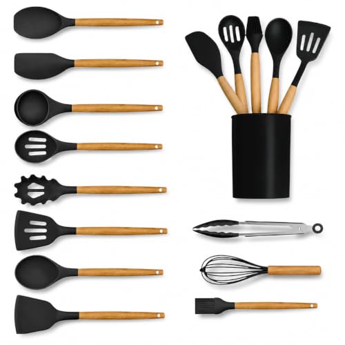 Image of DecorTwist Silicone Spatula Set for Cooking - 12 Piece Kitchen Utensils Set with Wooden Handle | Heat Resistant 230C | BPA Free, Food Grade, Non-Stick & Dishwasher Safe | Blackz