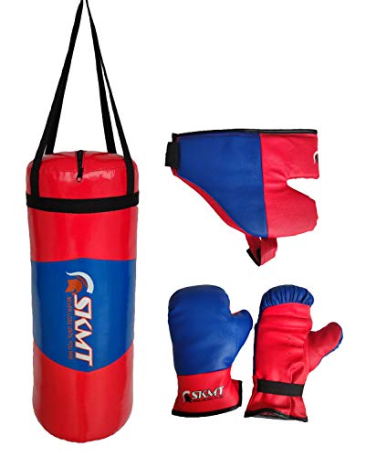 Image of SKMT Kids Boxing kit, Boxing Set for Kids, Boxing Kit for Children (Filled Punching Bag, Gloves and Headgear, Age 7-13 Years) (RED Blue)