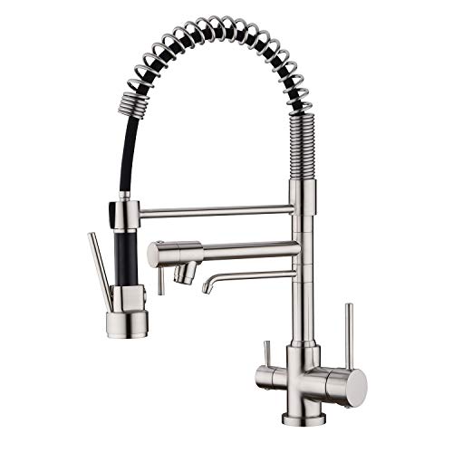 Delle Rosa Kitchen Faucet, 3 Way Drinking Water Faucet, Modern Kitchen Faucet with Pull Down Sprayer, Dual Handles Kitchen Sink Faucets,3 in 1 High Arc Water Filter Purifier Faucets Brushed Nickel