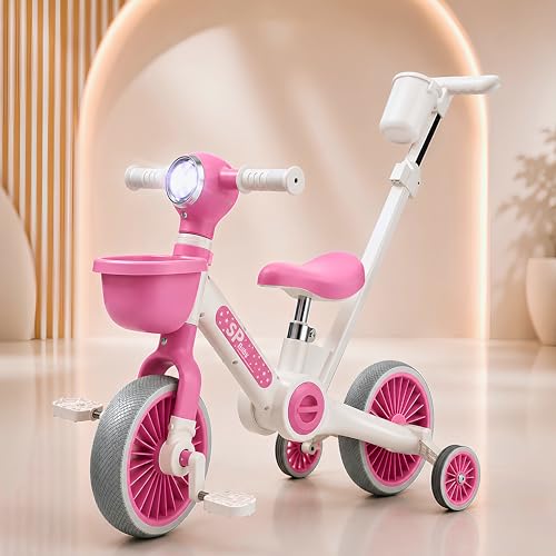 Image of TinyDazzle Kids 3 in 1 Convertible Tricycle, Balance Bike, Trikes with Parental Control for 2-6 Years Toddlers | Foldable | Music & Light | Front Basket Cycle for Boys & Girls. (Bright Pink)