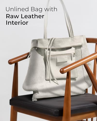 Image of Genuine Italian Leather Tote Bag for Women, Large Slouchy Purse, Beige | Unstructured bag, raw unlined interior with zip pocket, top zipper, side ties, folds flat, fits a 16-inch laptop, lightweight