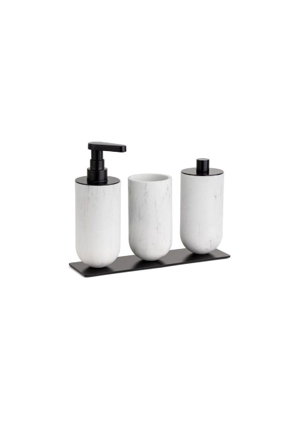 System Sıvı Sabunluk-Diş Fırçalığı-Pamukluk Mermer Desenli/Siyah Renk 206X87X265 Mm