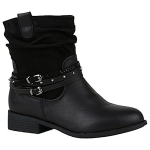 stiefelparadies Gefütterte Damen Biker Boots Schnallen Prints Stiefeletten Schuhe 149757 Schwarz Nieten 36 Flandell