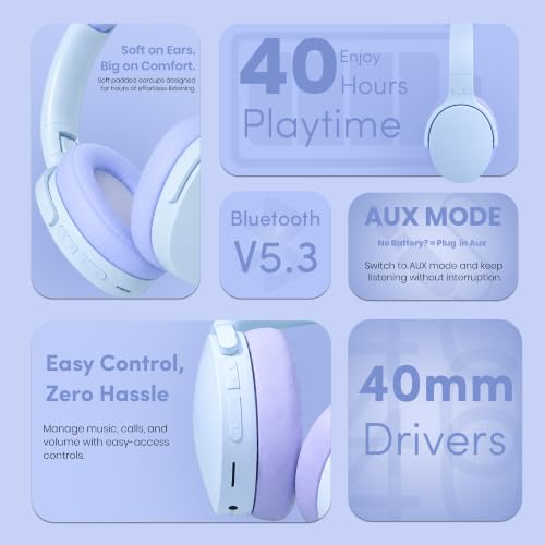 Image of PunnkFunnk BeatXtra Wireless Stereo Bluetooth Headphones V5.3, Over Ear Foldable Headset with 40mm Drivers, Soft Cushioned Ear Pads, Built-in Mic, AUX Input, 10M Wireless Range, Teen & Adults (Blue)