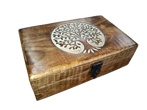 Ajuny Joyería decorativa tallada a mano de madera para hombres y mujeres, árbol de la vida circular, recuerdo, organizador de viaje, cofre del tesoro, gran regalo, 20,3 x 12,7 cm