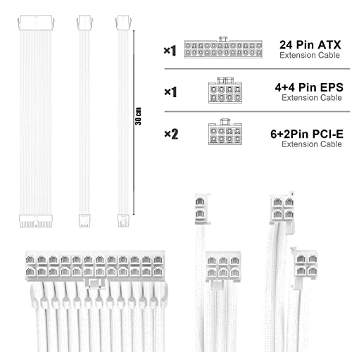 Image of PSU Cable Extension Kit 30CM Length with Cable Combs 1x24Pin /1x8Pin(4+4) EPS /2x8Pin(6P+2P) PCI-E /PC Sleeved Cable for ATX Power Supply(White)