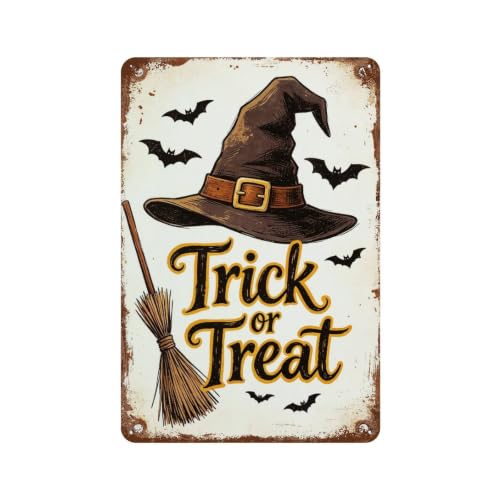 Halloween Vintage Metal Tin Sign - Trick Or Treat Witch Hat Broom Bats - Decorative Wall Art for Party