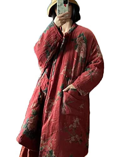 NFYM Women Cotton Jacket Kimono Soft Quilted Flower Printed Long Loose Outwear Coats with Pockets (as1, alpha, one_size, plus, regular, Red)2