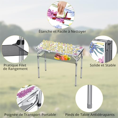 Table de camping pliante Anbte en aluminium réglable avec filet