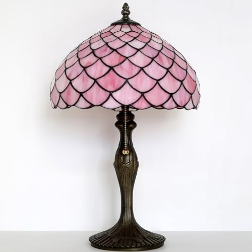 Image of Tiffany Table Lamp Stained Glass Reading Lamp Pink Fishscales Style