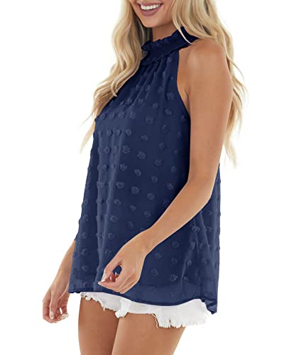 Lpcbdee Womens Swiss Dot Halter Neck Tank Top Summer Sleeveless Casual Tops Cami Shirts Navy Blue #TOP2