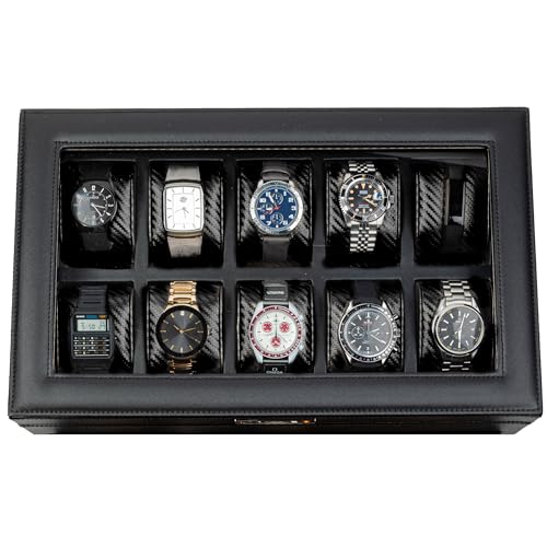 HOUNDSBAY Mariner Watch Box for Large Watches, PU Leather Watch Organizer, Black Carbon Fiber Watch Case Box Men