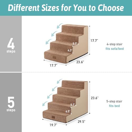Image of COZY KISS Dog Stairs for Small Dogs 5-Step, 19.7 inch Extra Wide Right-Angle Pet Stairs for Couch and Beds, Anti-Slip Dog Steps for Old Cats and Lowrider, 19.7x29.5x23.6 inch, Light Brown